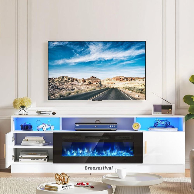Breezestival 70" Fireplace TV Stand with Hinged Doors for TVs UP to 80", Electric Fireplace Entertainment Center with LED Lights & Storage Cabinets, TV Console for Living Room, Office, White/Black