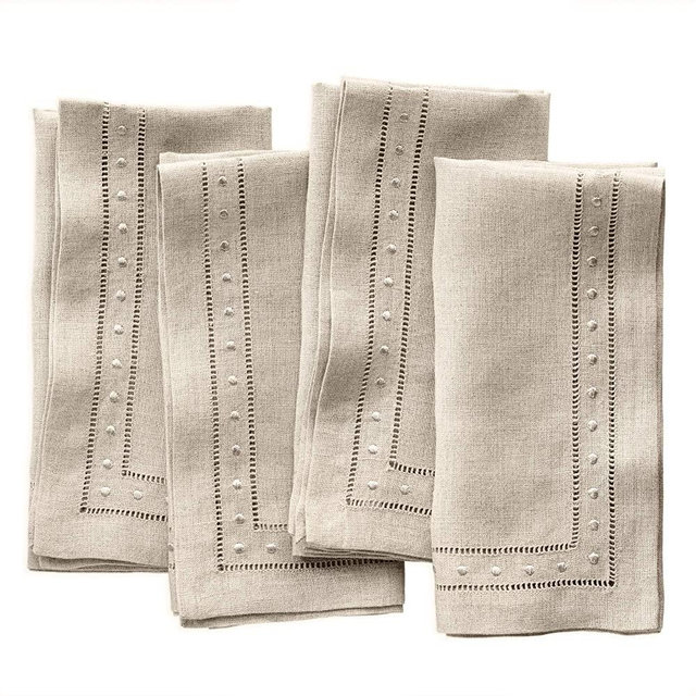 O'lucio Authentique Home Double Hemstitch Linen Dinner Napkins with Embroidered Swiss Dots - Natural Set of 4, 18 X 18 inch - Natural Fabric Machine Washable, French Style Premium Handmade