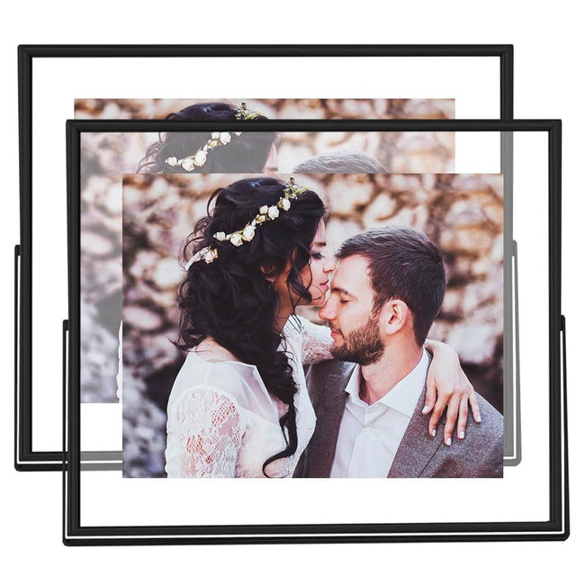 CROXXID 8x10 Floating Picture Frames Set of 2, Made of Metal and Double Real Glass, for Photo Size up to 10x12, Tabletop Display Home or Wedding Decoration (Horizontal Black)