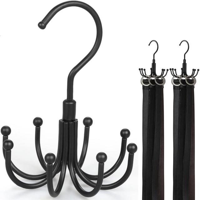 TOPIA HANGER Belt Hanger 2-Pack, 360°Rotatable Belt Organizer for Closet, Belt Rack, Accessory Organizers, Closet Storage Hook for Belt, Dog Harness, Tie, Tank Top, Bra, Purse, Scarf (8 Hooks, Black)