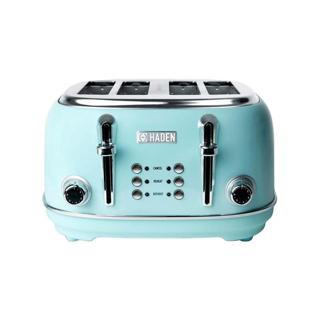 Haden Heritage 4-Slice Wide Slot Stainless Steel Body Countertop Retro Toaster with Adjustable Browning Control, Turquoise