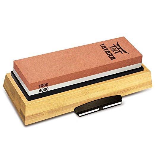 Tatara Sharpening Stone 1000 & 6000 Grit - Double Sided Japanese Whetstone Set For Knives With Non-Slip Bamboo Base and Free Angle Guide