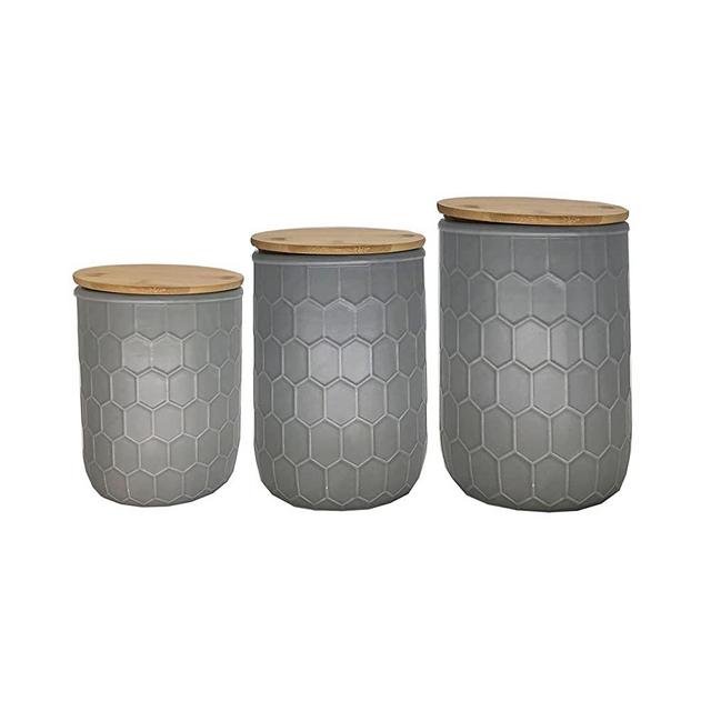 First of a Kind Kitchen Canisters - Gray Stoneware Canisters with Bamboo Lids, Set of 3 Storage Canister Container Set - Honeycomb Design, Ceramic Food Canister Jars for Tea, Sugar & Flour Storage