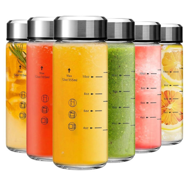Olivego 12oz Glass Juice Bottles - 6 Pack Wide Mouth Glass Bottles with Lids- BPA Free, Stainless Steel Lids for Juicing, Smoothies, Infused Water, Beverage Storage - Leakproof, Borosilicate, Clear