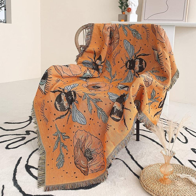 Shesyuki Boho Throw Blanket Reversible Cotton Bohemian Tapestry Hippie Room Decor Double Sided (Boho Bee Yelow 50"x60")