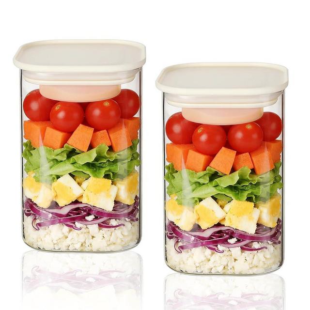 LIBWYS Glass Salad Jars with Lids Meal Prep, 39oz Larger Square Containers for Home Storage & Lunch, Built-In Leakproof Compartments, Wet/Dry Separation for Salad Dressing & Ingredients-2 Pack