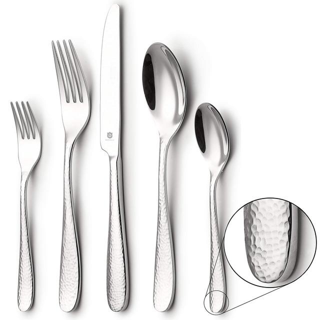 DANIALLI 40-Piece Flatware Set For 8, Modern Hammered Design Silverware Set, 18 10 Stainless Steel Utensils, Include Knife/Fork/Spoon, Mirror Polished Set of Cutlery, Dishwasher Safe