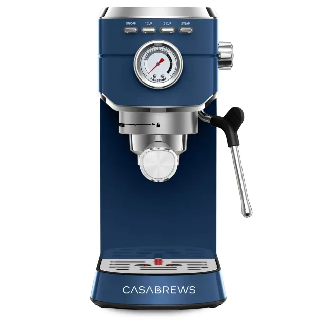CASABREWS CM5418 Royal Blue Stainless Steel Compact Espresso Machine: 20-Bar, Milk Frother, Volume Control, Pressure Gauge