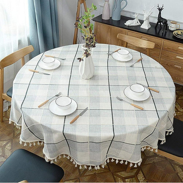Fhberni Round Tassel Plaid Tablecloth, Heavy Weight Cotton Linen Fabric Table Cover for Kitchen Dining Tabletop Decoration, Off White & Grey, 70" Round