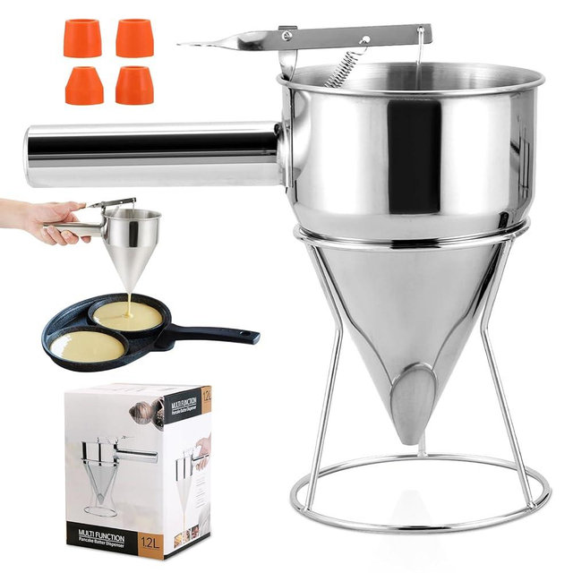 NATGAI 40OZ Stainless Steel Pancake Batter Dispenser, Multi-Caliber Funnel Cake Dispenser with Stand, Fit for Pancakes, Cupcakes, Waffles, and Baked Goods (1200ML/40OZ with 4PCS Silicone Nozzles)