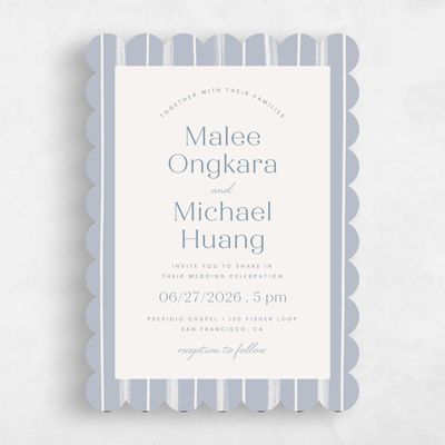 Blue Scalloped Wedding Invitation - Coastal Portrait