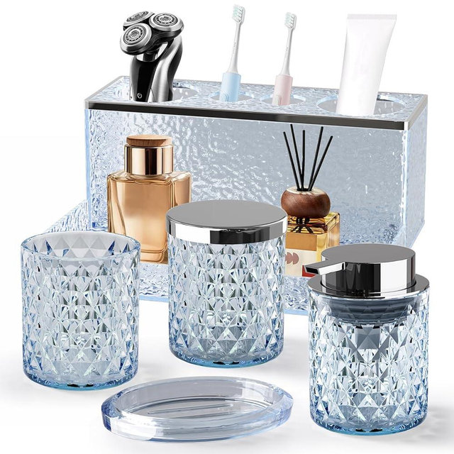 Glass Bathroom Accessories Set 5Pcs Crystal - Blue Foaming Soap Dispenser, Soap Dish, Cup, Acrylic Toothbrush Holder with Tray Organizer, Cotton Swab Jar, Bathroom Counter Set Sink Decor