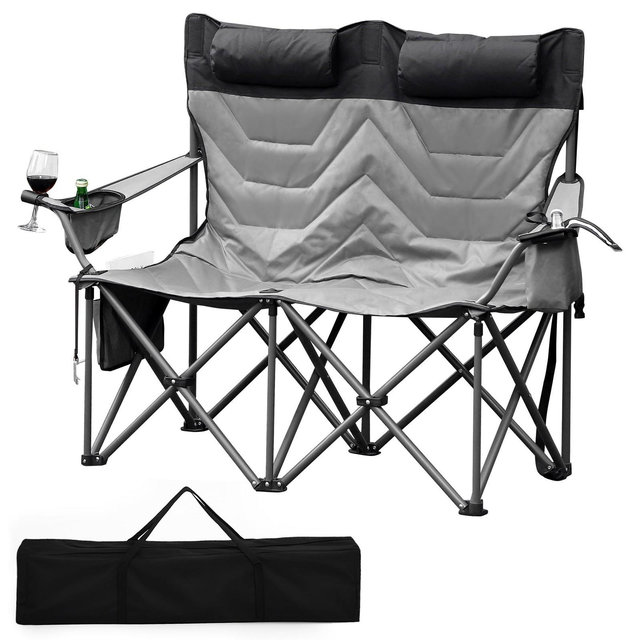 Oversized Camping Chair with High Back & Pillow, Heavy Duty Folding Chair Supports 500 lbs, Cooler Bag and Storage Pockets, Gray, Double 1PC