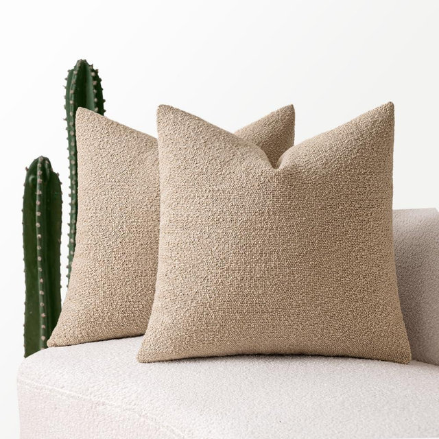 MIULEE 24x24 Decorative Euro Sham Throw Pillows for Bed Set of 2 Textured Boucle Neutral Throw Pillow Coverss Khaki Accent Solid Couch Pillowcase Cozy Soft Sofa Livingroom Home Decor