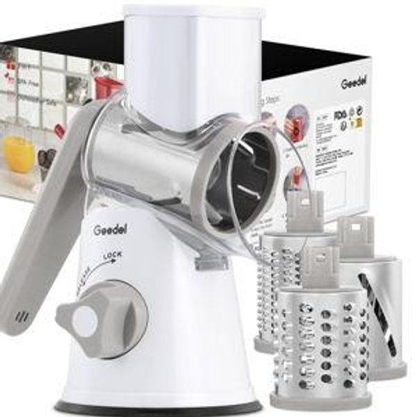 Geedel Rotary Cheese Grater, Kitchen Mandoline Vegetable Slicer with 3 Interchangeable Blades, Easy to Clean Rotary Grater Slicer for Fruit, Vegetables, Nuts