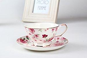 Tea Cup and Saucer Set of 4 with Bone China, Floral Tea Cups, 8 Oz.