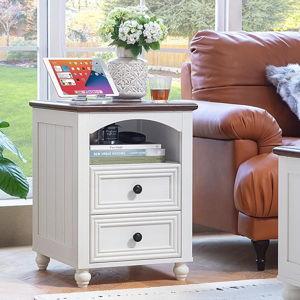 18" Farmhouse Night Stand with Charging Station, White Wood Nightstand with 2 Drawers, Bedside End Table with Shelf Storage, Bed Side Tables Cabinet Dresser for Bedroom, Living Room, and Closet