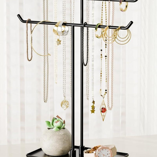 bussdis Necklace Stand Aesthetic Necklace Holder: Black Metal Necklace Organizer for Home Decor