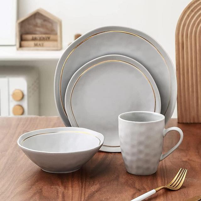 Stone Lain Clara Porcelain 16-Piece Round Dinnerware Set,Grey