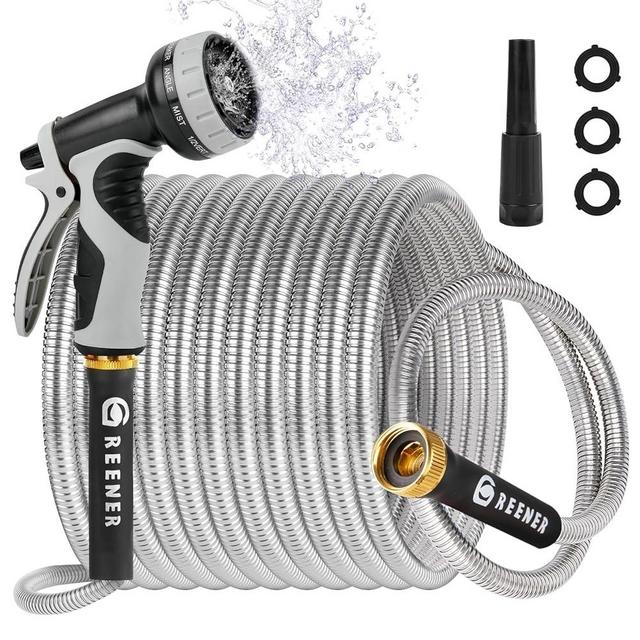 GREENER Stainless Steel Garden Hose 100ft-Heavy Duty Metal Water Hose Rust-proof Flexible Hose with 10 Functional Nozzle, Anti-puncture Kink-resistant Tangle Free Pet-proof Hose for Outdoor Yard Lawn