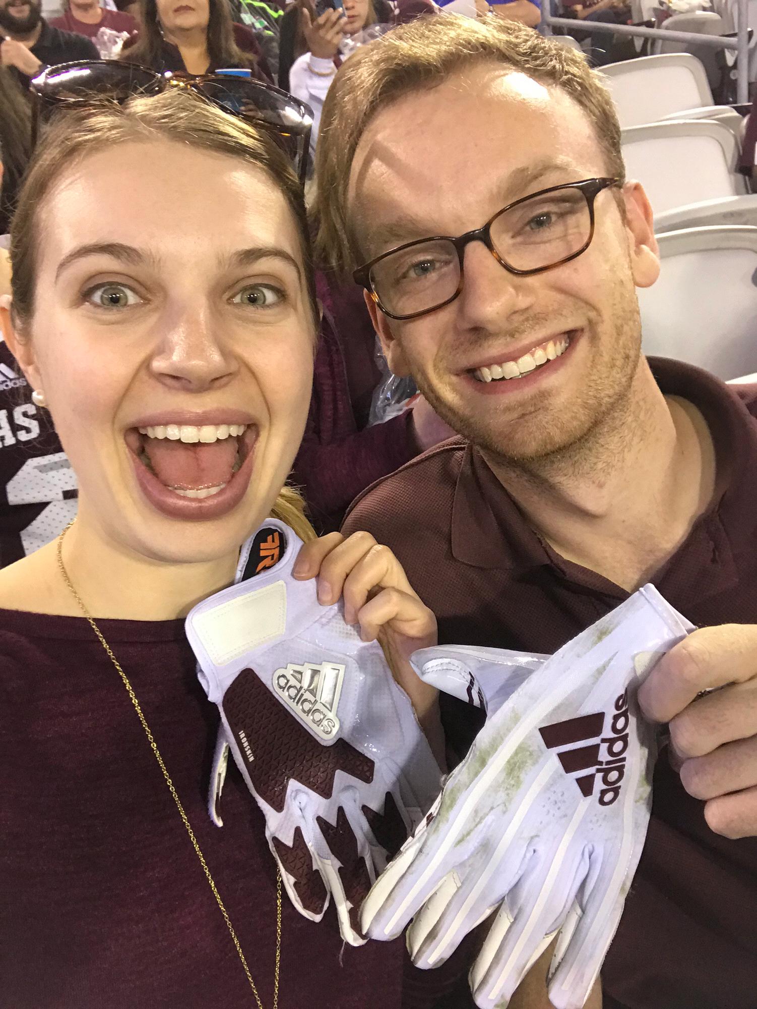 We went to the A&M bowl game in Florida and got gloves from a player!