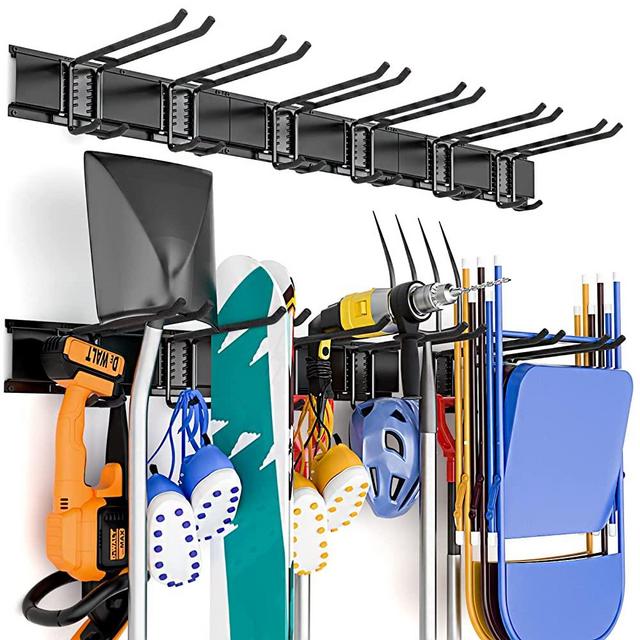 INCLY Heavy Duty Tool Storage Rack, 48 Inch Adjustable Steel Garage Storage System ( 3 Rails) & 6 Wall Double Long Hooks and Hanger, Garden Organizer, Shovel Holder Wall Mount For Garden Yard