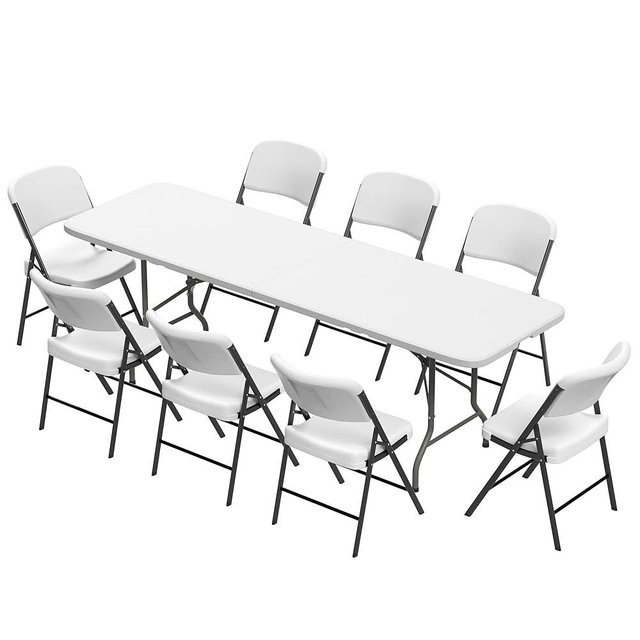 Elevon Folding Table Set with 8 White Folding Chairs,8 Feet Heavy Duty Fold-in-Half Utility Table Sets for Picnic, Event, Training, Outdoor Activities, at Home and Commercial Use