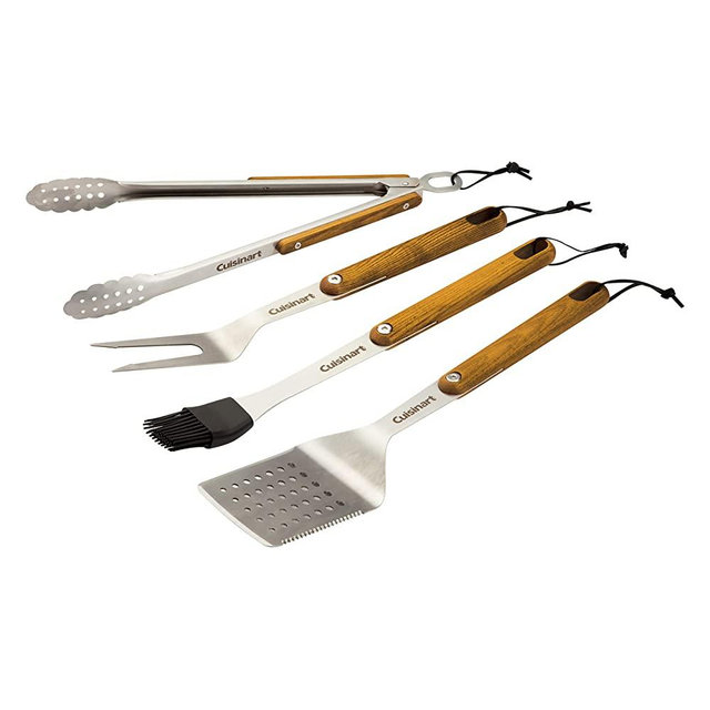 Cuisinart CGS-1100 (Spatula, Locking Tongs, Fork, Basting Brush), Ash Wood Grill Tool Set, 4-Piece