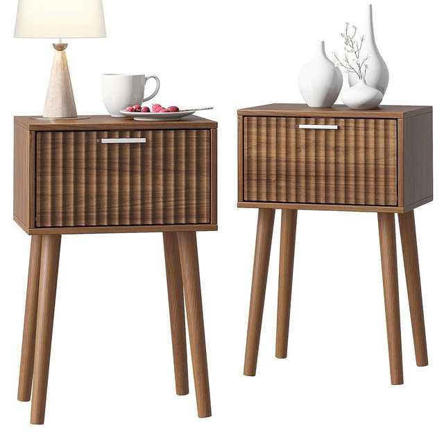 LAATOOREE Nightstands Set of 2, Small Fluted Side Table, Bedside Table with Solid Wood Feet; Modern Mid-Century End Table for Bedroom, Small Space