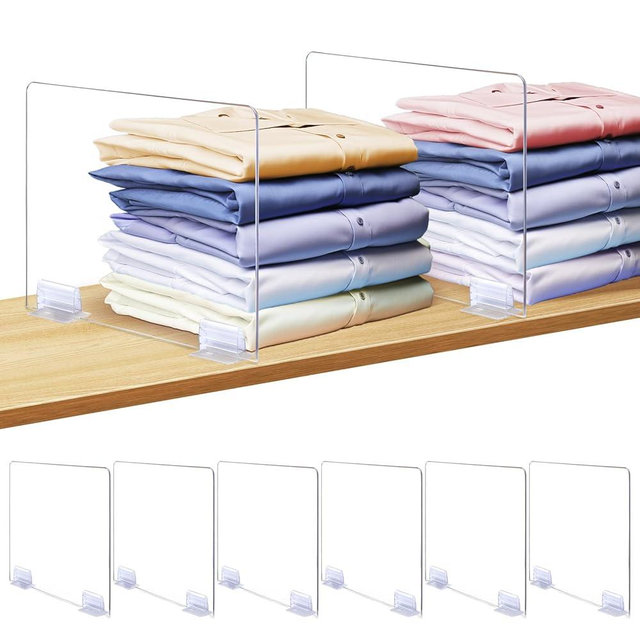Consevisen Shelf Dividers, 6 Pack Acrylic Clear Shelf Dividers with Self-Adhesive Holders for Closet Organization Purse Handbag Organizer Multi-Purpose Wood Shelf Organizer for Bedroom Kitchen Office