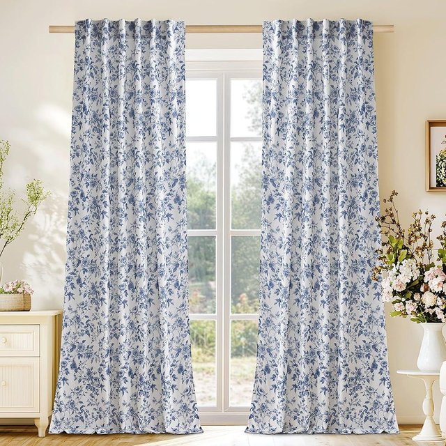 NICETOWN Blue Floral Curtains for Bedroom & Living Room, Linen Blend Drapes with Vintage Peony, Privacy & Light Filtering Inspired by British Museum's Blue & White Porcelain, W52 x L96 in, 2 Panels