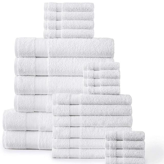 24 Piece White Bath Towels Set - 100% Ring Spun Cotton, Oversize Bath Sheets, Highly Absorbent Bathroom set for Home and Spa, 2 Bath Sheets,4 Bath Towels,6 Hand Towels,8 Washcloths,4 Fingertip - White