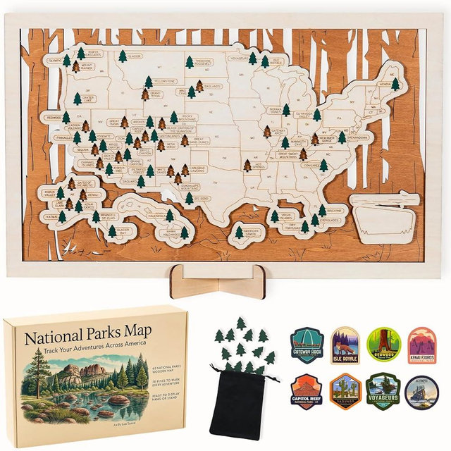 National Parks Map – USA Travel Tracker with Checklist, Pins & Stickers – Adventure Gift for Park Lovers, Couples & Families, Bucket List Wall Art Decor
