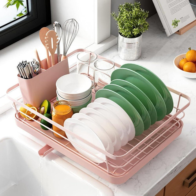 Kitsure Dish Drying Rack- Space-Saving Dish Rack, Dish Racks for Kitchen Counter, Kitchen Drying Rack with a Cutlery Holder, 12''W x 15''L, Pink
