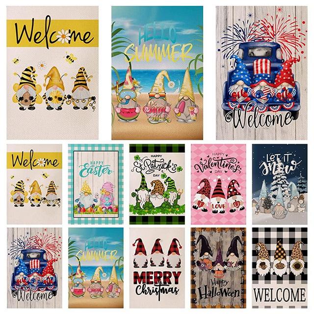 Set of 10 Gnome Seasonal Garden Flags, Double-side Printed Festival Yard Flag Vertical Burlap Gnome Garden Flags Colorful Welcome House Flag for Halloween Christmas Fall and More( 12.6 x 18.1 inch )