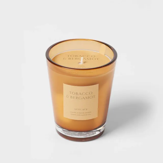 12.6oz Colored Vase Glass with Dustcover Tobacco and Bergamot Candle Yellow - Threshold™: Palm Wax, 52hr Burn Time, Glass Jar