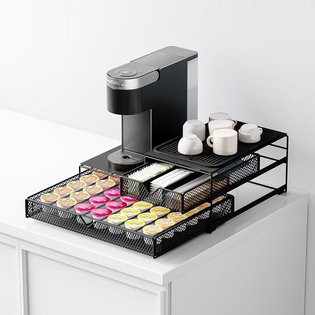 AmzAge Coffee Maker Countertop Organizer,K Cup Pod Drawers,60 Coffee Capsule Pod Holder,Integrated Design Requires No Assembly.Slidng Storage Pod Baskets,Pod Stands,Silicone Drink Coasters