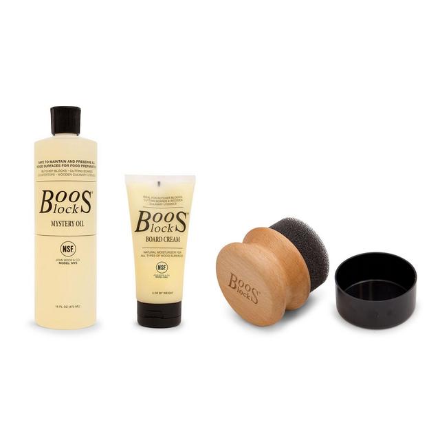 John Boos Block MYSCRMAPP 3 Piece Wood Cutting Board Care and Maintenance Set with Mystery Oil, Board Cream, and Round Sponge Applicator