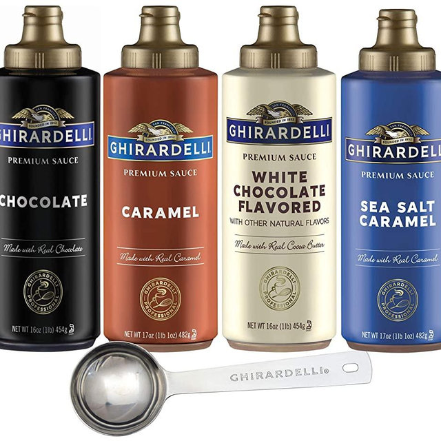 Ghirardelli - Caramel, Chocolate, White Chocolate and Sea Salt Caramel Flavored Sauce (Set of 4) with Ghirardelli Stamped Barista Spoon