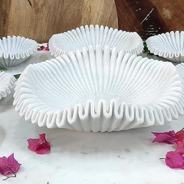 Marble Bowl Fruit Bowl, Stone Bowl Decorative Bowl Decorative Trays Marble Fruit Bowl Marble Ruffle Bowl Marble Floral Bowl Home Decor Gifts (12 Inches)