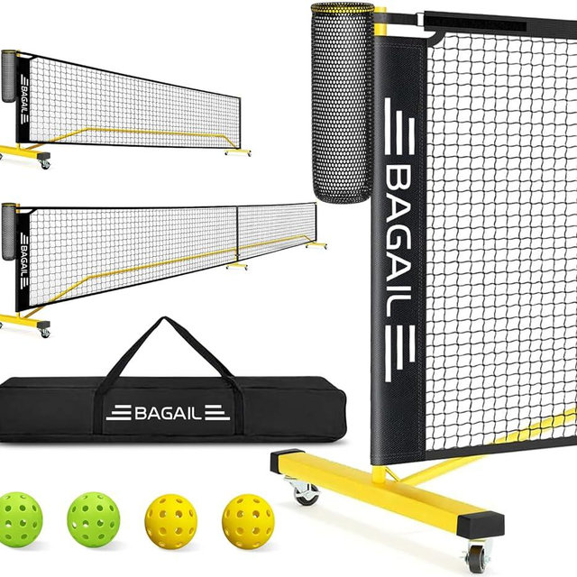 BAGAIL Portable Pickleball Net Set with Wheels, 22 FT Regulation Size & 11 FT Half Court Size 2-in-1 Pickle Ball Net with Ball Collector, Carry Bag, 4 Pickle Balls, Easy Setup for Outdoor Indoor