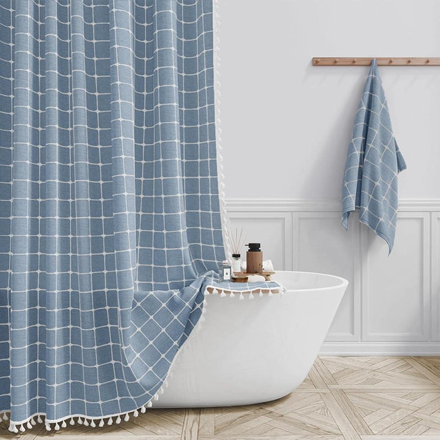 BTTN Extra Wide Shower Curtain - 108x72 Inch Boho Farmhouse Fabric Weighted Linen Shower Curtain Set with 18 Hooks, Large Country Hotel Neutral Waterproof Cloth Shower Curtains for Bathroom, Blue