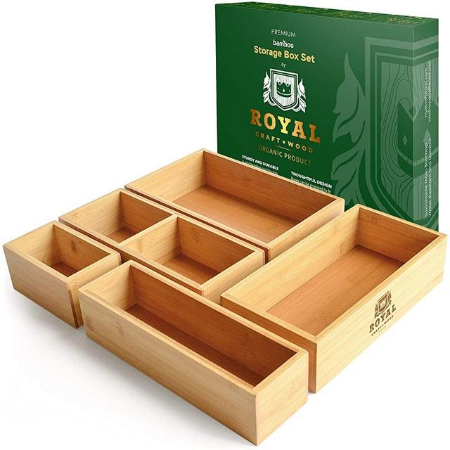 Bamboo Drawer Organizer Storage Box / Bin Set - 5-Piece Multi-Use Drawer Organizer for Kitchen, Bathroom, Office Desk, Makeup, Jewelry