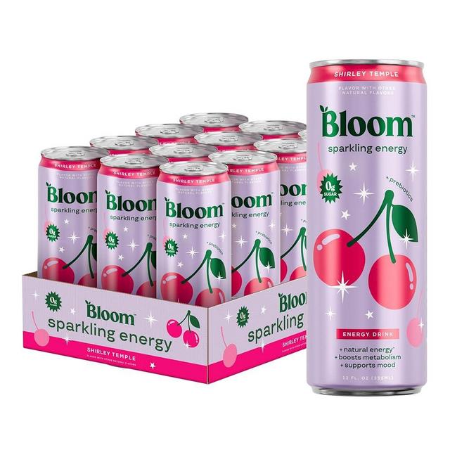Bloom Nutrition Sparkling Energy Drink - Natural Caffeine, Zero Sugar, 180mg Caffeine - Antioxidant-Rich with Green Coffee Bean, Green Tea Extract, Prebiotics - Shirley Temple- 12oz 12 Pack
