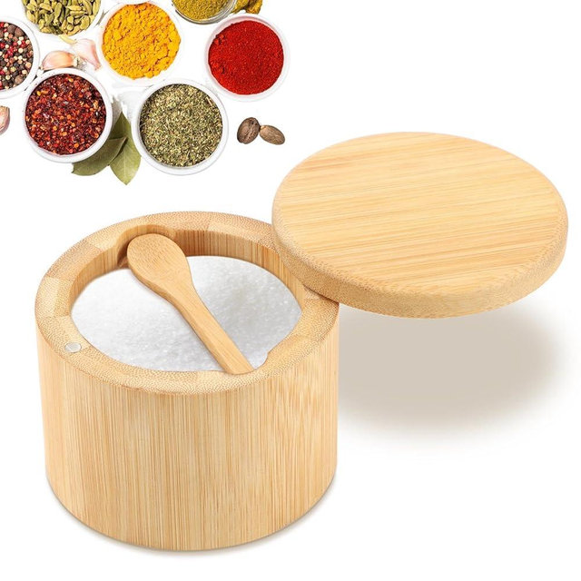 Londehuhai Magnetic Rotating Lid Bamboo Spice Jar with Built in Spoon, 6oz Salt Cellar Small Sal-t Box, Kitchen Salt Pepper Shaker, Easy-Pour Spice Dispenser for Sugar, Herbs, Seasonings(COLOR:Wood)