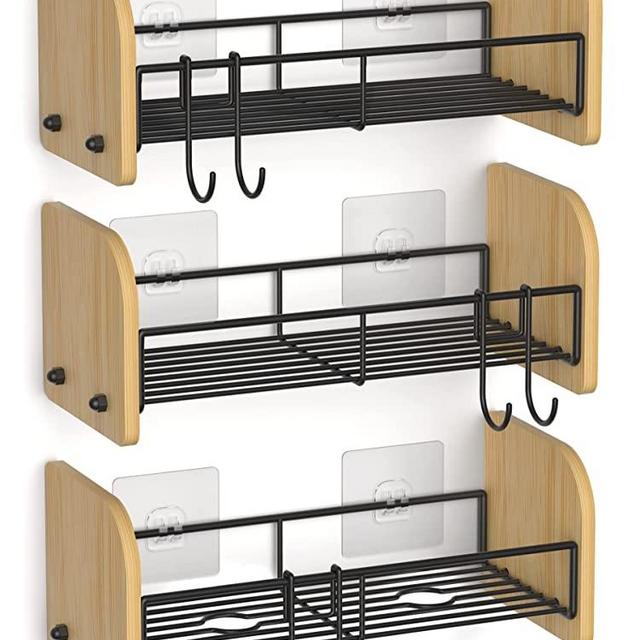 3 Pack Shower Caddy,Bamboo Shower Caddy Bathroom Organizer Shelf,Shower Organizer Rack with 2 Hooks,No Drilling&Rustproof Adhesive Hanging Shower Storage Basket for Inside Shower Bathroom Kitchen