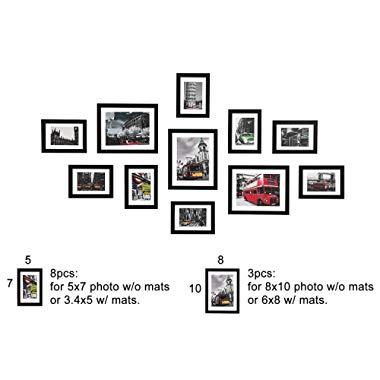 WOOD MEETS COLOR 11Pcs Wall Gallery Collage Frames Set with Hanging Template, Assorted 8x10 5x7 Frames, Picture Frames with Photo Mats,Black