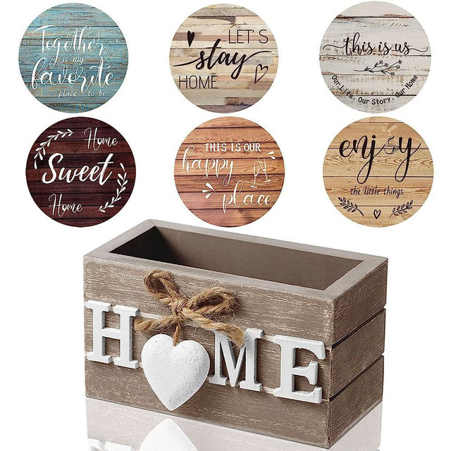 Housewarming Gifts for Home Decoration Wooden Heart Coasters for Drinks Set of 6 Farmhouse Coasters with Holder Funny for Family Friend Coffee Table Protection, 4 Inch (Brown)