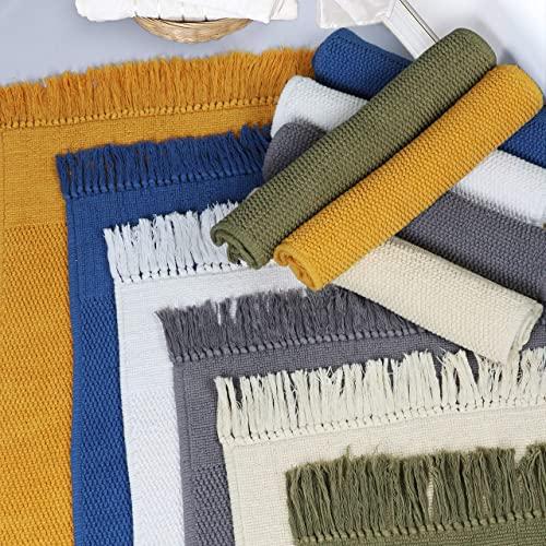 Cotton Bath Rugs Water Absorbent Bathmat Hand Woven Bathroom Mat Set of 2 (Size 17x24/21x34, Color Mustard )