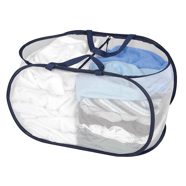 Smart Design Deluxe Mesh Pop Up 2 Compartment Laundry Sorter Hamper w/ Handles - VentilAir Fabric Collapsible Design - for Clothes & Laundry - Home Organization (Holds 2 Loads) (23 x 15 Inch) [White]